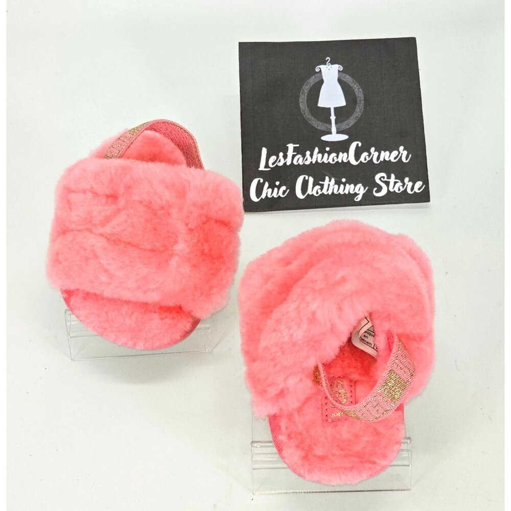 UGG Infant Pink Sheepskin Fluff Yeah Slides Sandals Slippers Size 02/03 USA 1818